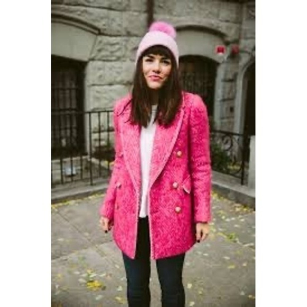 J.Crew Pink Herringbone Tweed Double Breasted Blazer Gold Crest Buttons - Picture 6 of 16